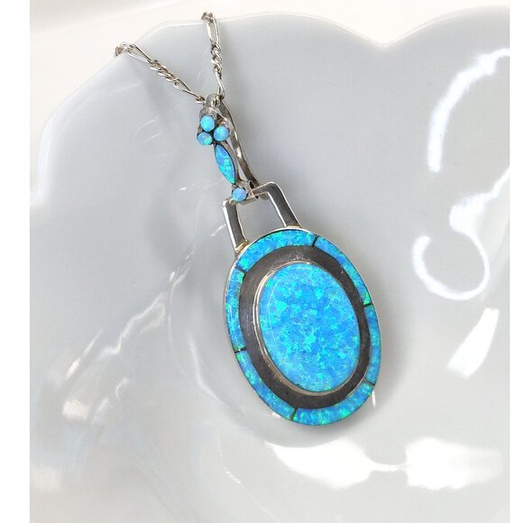 Native American Blue Opal Necklace Earrings Set Oval 925 Sterling Signed MY - Picture 6 of 12